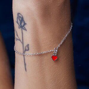 Sterling Silver 925 Rhodium Plated Rolo Link Red Enamel Heart Bracelet